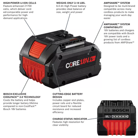 Bosch GBA18V60-2PK 18V CORE18V® Lithium-Ion 6 Ah High Power Battery - 2-Pack